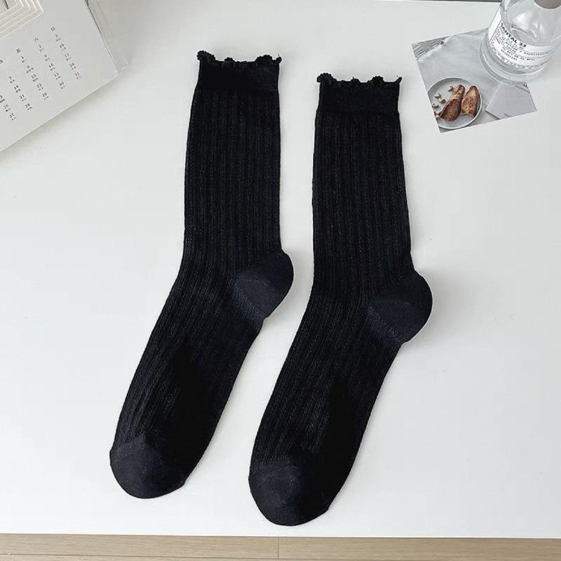 Women's Summer Thin Solid Color Wood Ear Lace Mesh Breathable Tube Stack Socks