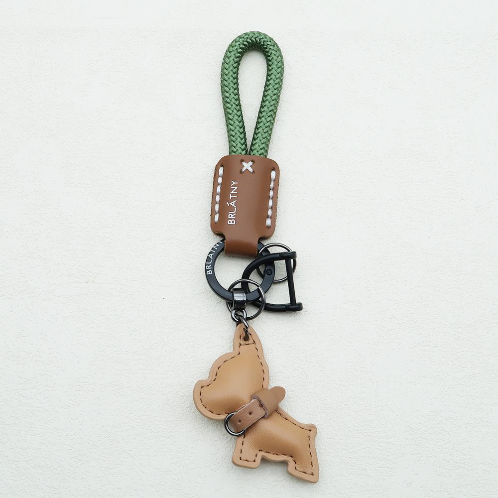 Handmade French Bulldog Genuine Leather Keychain with Anti-Lost Woven Rope Lanyard.