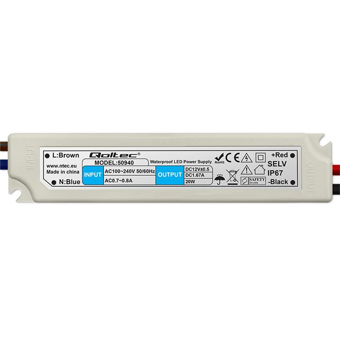 Qoltec LED Impulse Power Supply IP67 | 20W | 12V | 1.6A | Waterproof | White