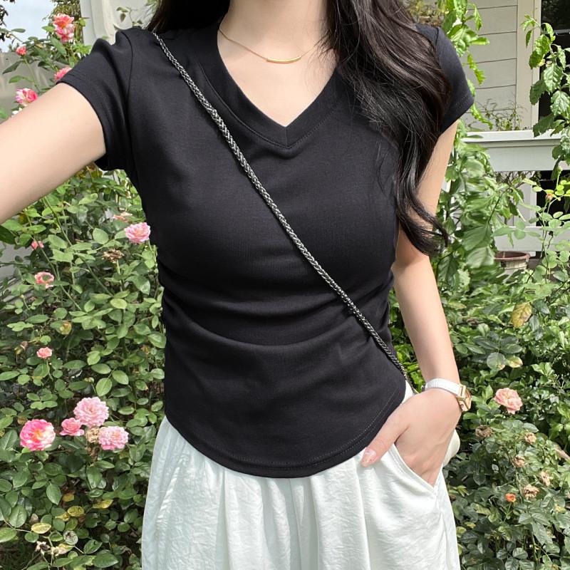 Plain Cotton Short Sleeve T Shirt With Pleated Detail For Casual Wear