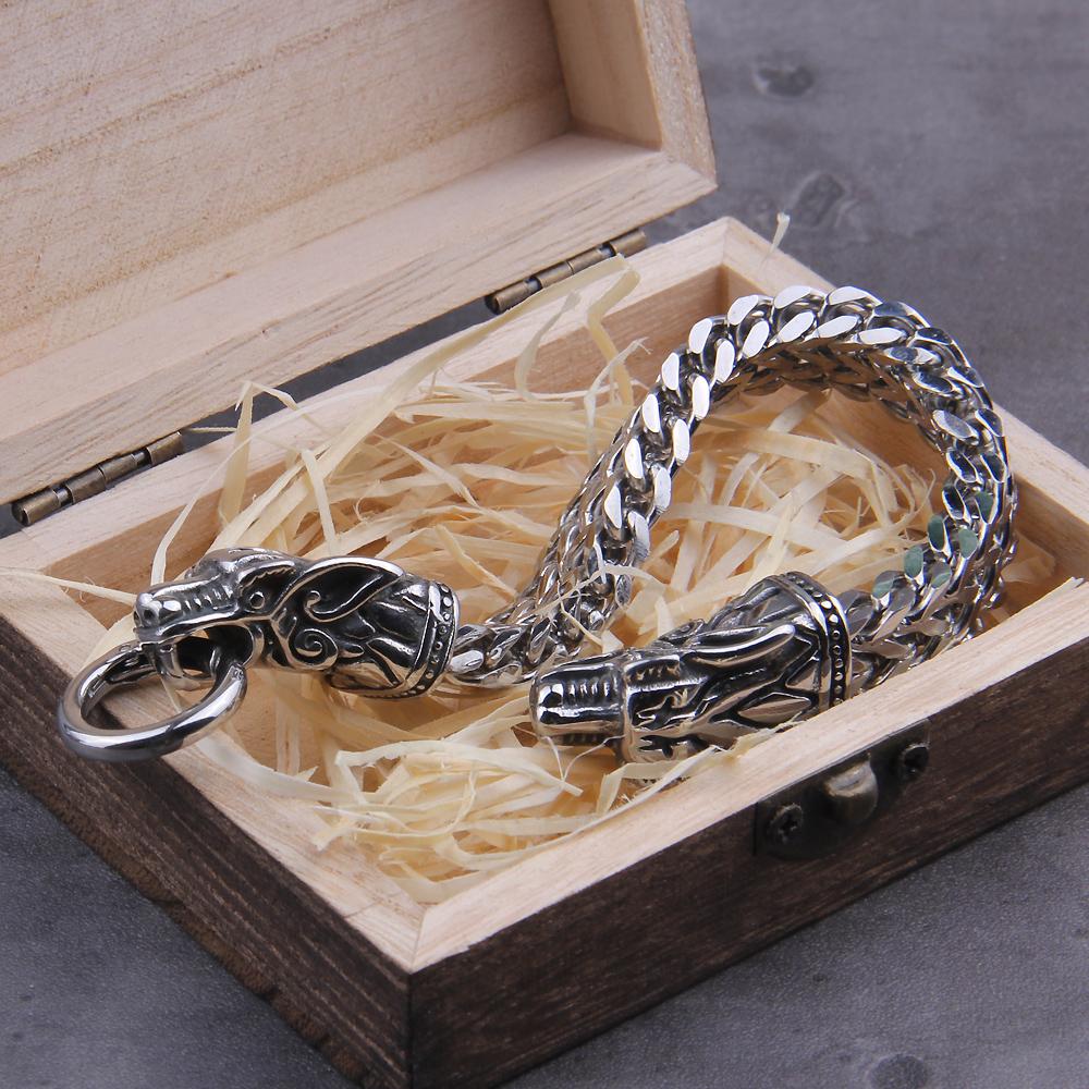 Viking Dragon Charm Bracelet for Men Stainless Steel Mesh Chain Silver Color Punk Biker Jewelry Never Fade Rock Wolf