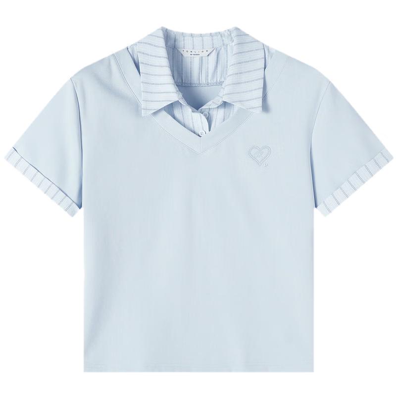 TonLion Damen Sommer Faux Zweiteiler Kurzarm Poloshirt