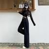 Women's Black Wide-Leg Jeans, 2025 Spring/Autumn: High-Waist, Buttoned, Slimming, Floor-Length, Straight Fit.