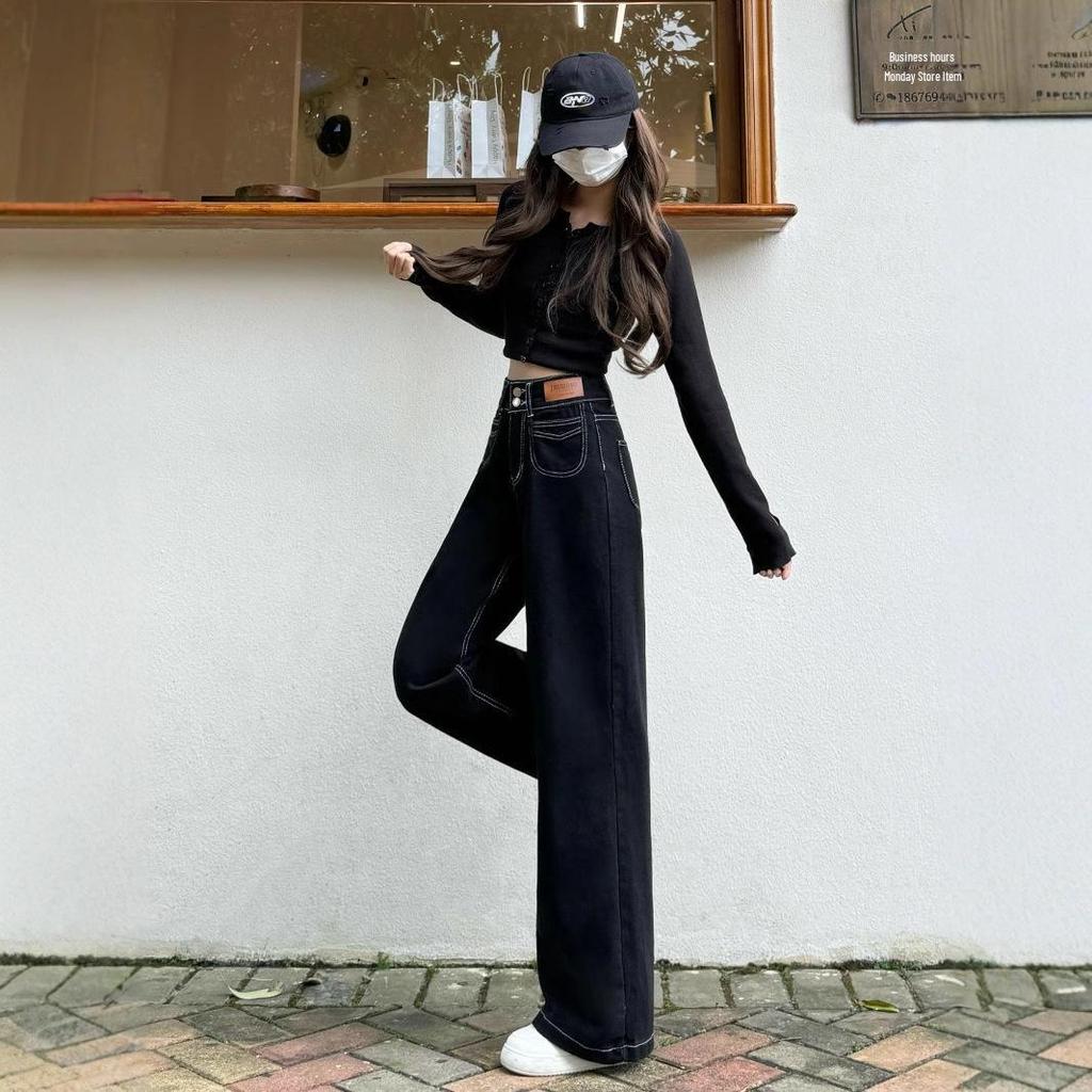 Women's Black Wide-Leg Jeans, 2025 Spring/Autumn: High-Waist, Buttoned, Slimming, Floor-Length, Straight Fit.