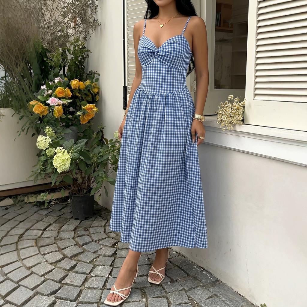 2026 Summer New European and American Women's Clothing Pastoral Temperament Plaid A Word Waist Pendulum Suspender Dress