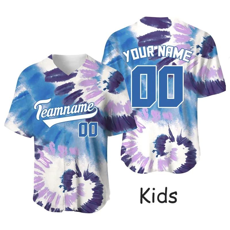Camisa de beisebol personalizada tie-dye para crianças, camisa de jogo de equipe, camisetas esportivas de sublimação, secagem rápida, uniforme de beisebol esportivo