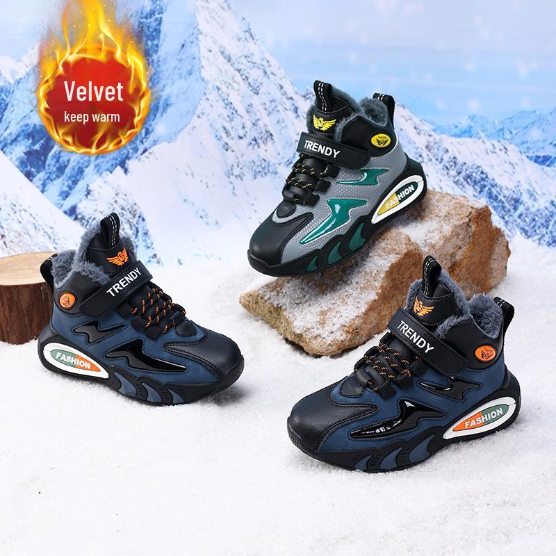 2025 Autumn/Winter Boys' Cotton Sports Shoes - Warm Velvet Lined, Medium/Large Button Design