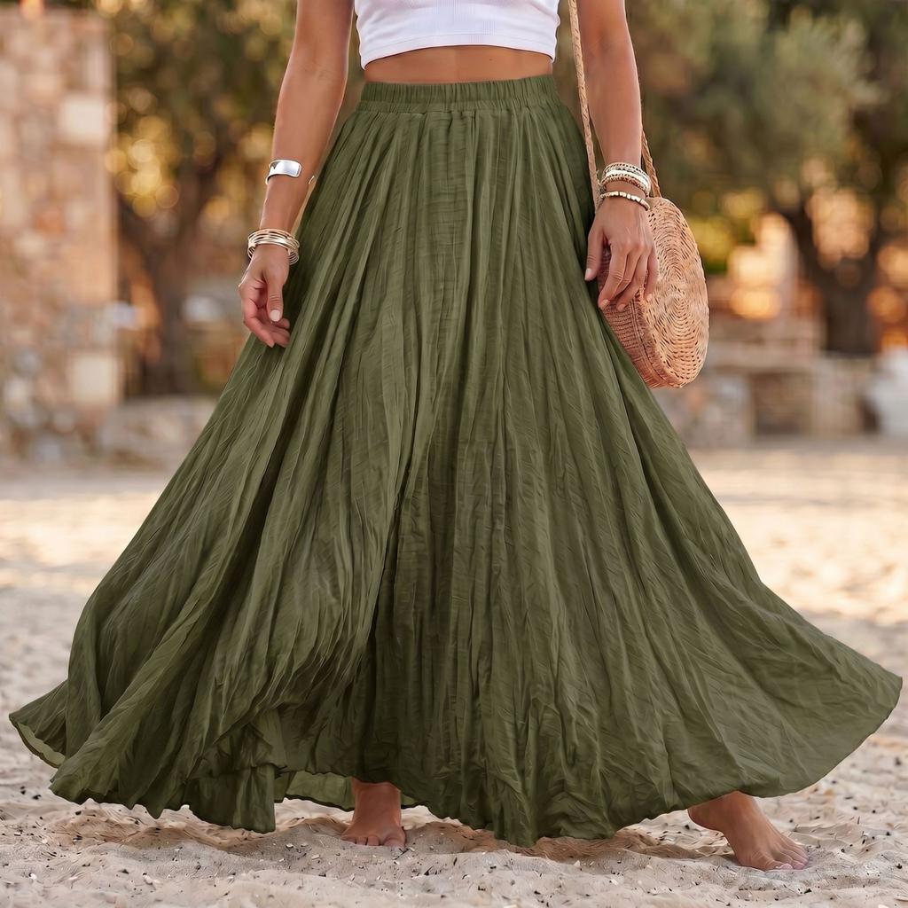 Women Long Loose Pleated Skirt Elastic Waist Cotton Linen Blend Maxi Skirt Flared Hem Casual Boho Style Skirt for Daily Wear