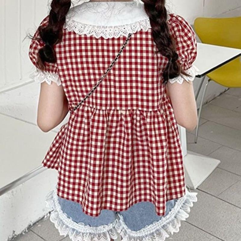 Checkered Doll Collar Lace Women's Shirts Bubble Short Sleeved Single Breasted Shirt Summer Student Versatile Loose Tops