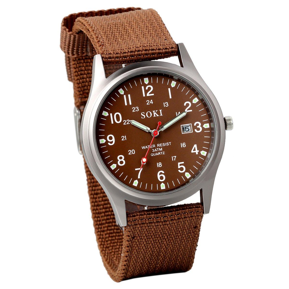 

Men s Antique-Style Calendar Watch, Waterproof: Luminous Analog Display, Simple and Stylish Sports Watch, 1224 Quartz Movement, Brown Nylon Strap,