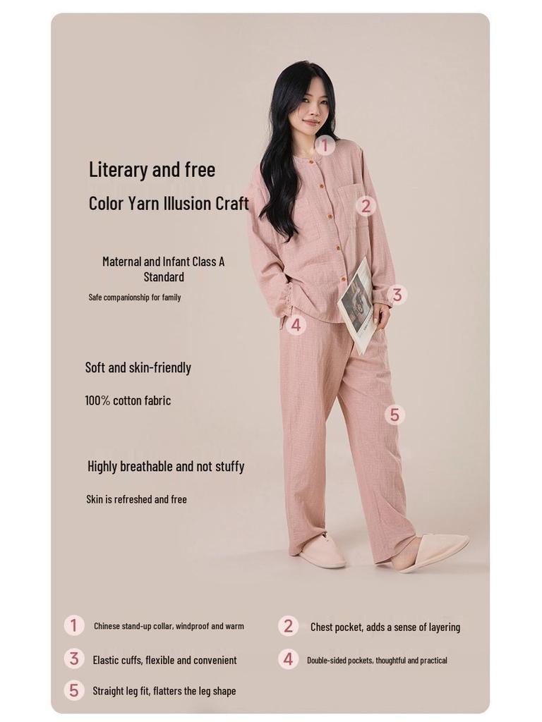 Women's Spring & Autumn Stand-Up Collar Cotton Gauze Pajama Set - Long-Sleeve Cardigan Couple Homewear