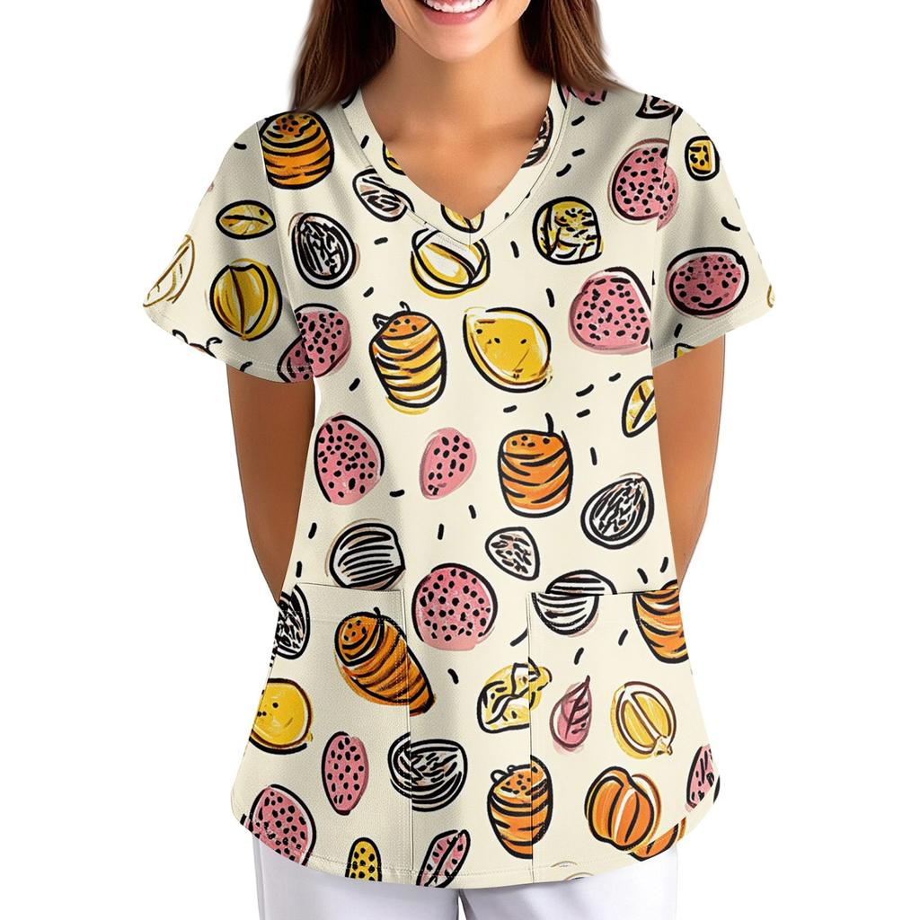 Women's Fruit And Floral Print Loose V-Neck Pocket Short Sleeve Uniform Uniform