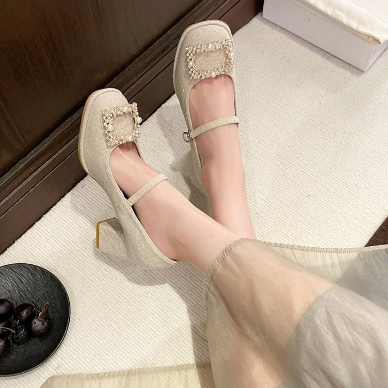 Women's Mary Jane Shoes Square Heel Rhinestones Pearl High Heels Women Dress Party Square Toe Fairy Style Zapatillas De Mujer