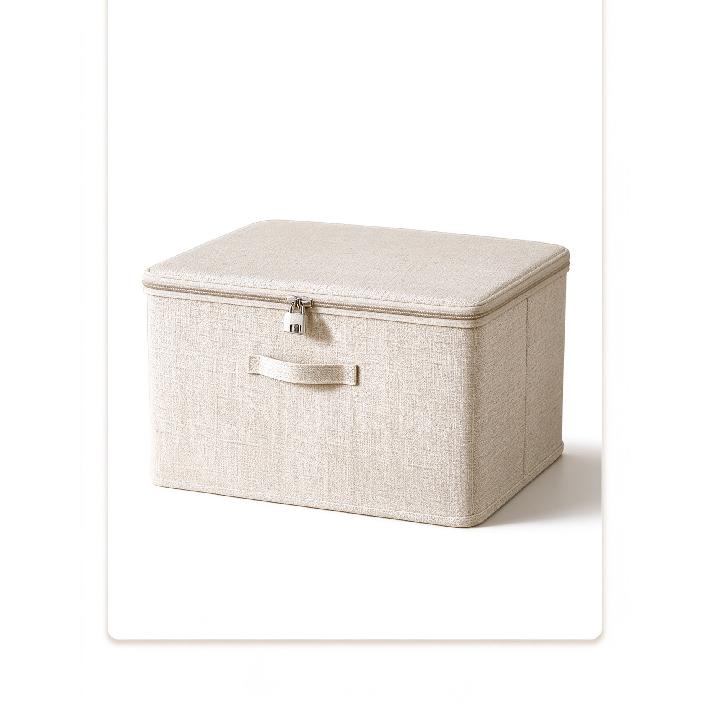 Lidded Clothes Storage Box, Linen Cotton Extra Large Capacity Household Folding Large Wardrobe Clothing Lockable Organizer Box