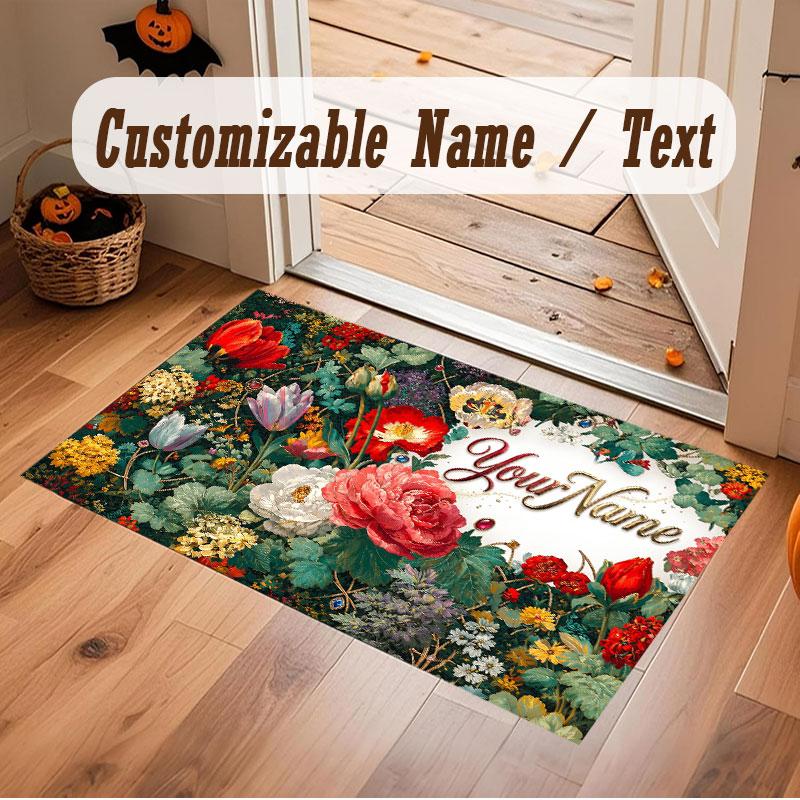 Floral Garden Theme Crystal Velvet Floor Rug Personalized Custom Name Text Warm Carpet Home Decoration