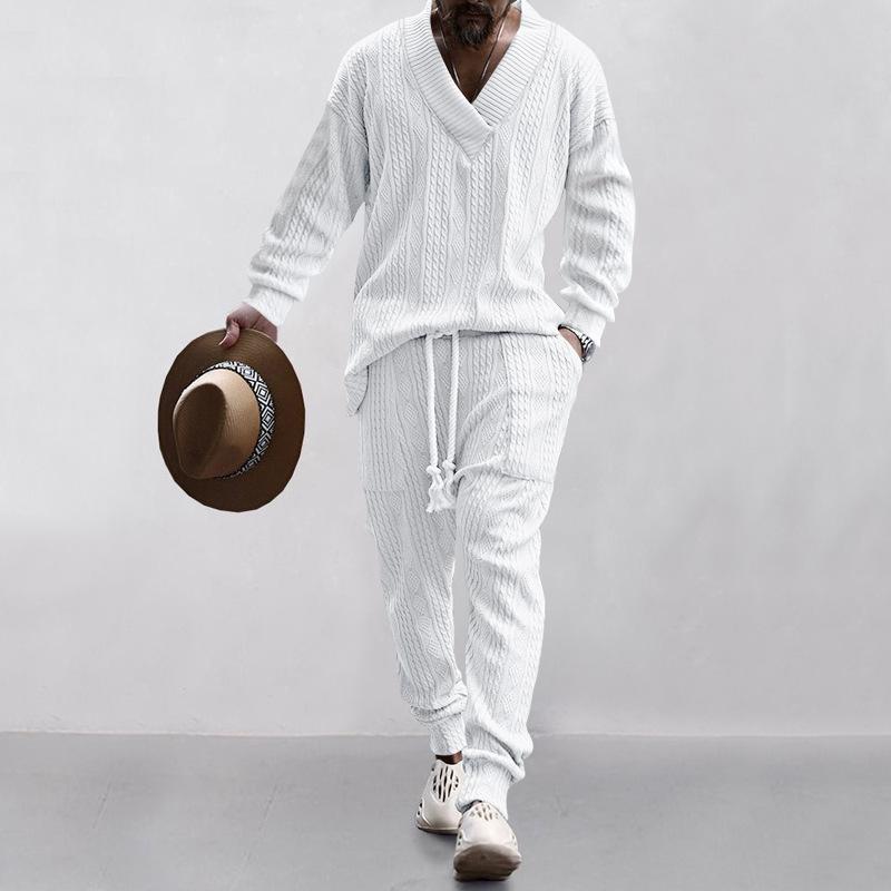 European & American Men s Autumn Jacquard Knit Sweater and Casual Long Pants Set S