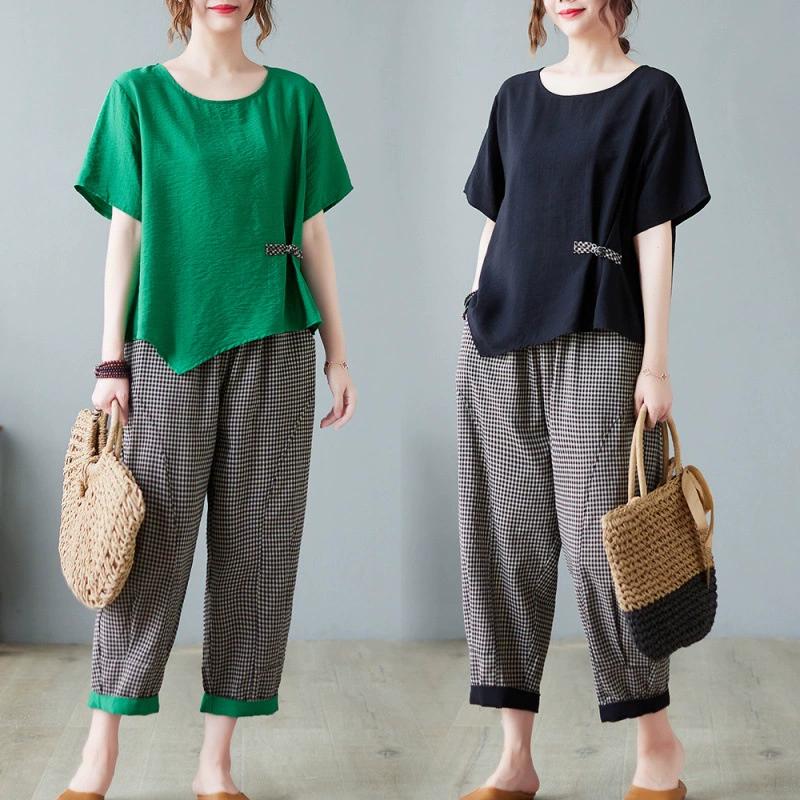 Fashion Wide Leg Pants Cotton Linen Set Summer Women's New Chinese Style Buckle Irregular Top Two-piece Set Women