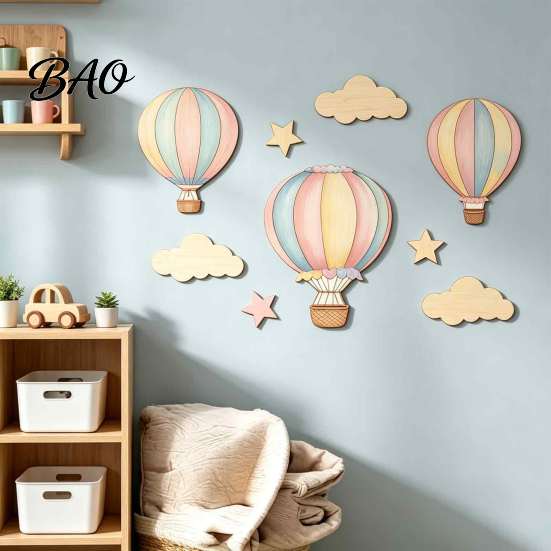 Wooden Hot Air Balloon Wall Decor 9 Pcs Nursery Decor, Boho Art Sign, Cute Balloons Stars Clouds Baby Shower Decoration for Bedroom Classroom Playroom