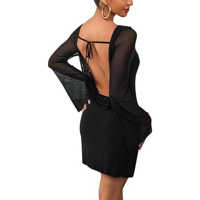 Women's Shiny Sequin Backless Lace Up Mini Dress Long Sleeved Shiny Tight Party Casual Dresses
