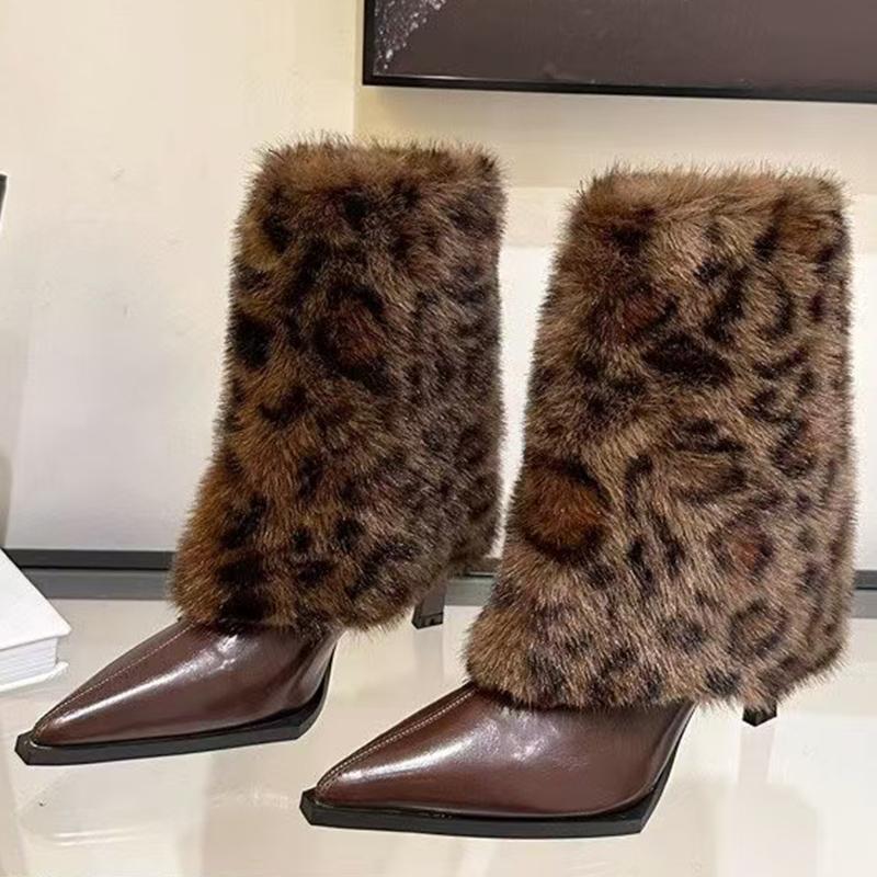 Leopard Fur Women Ankle Boots Pointed Toe Sexy High Heels Shoes 2025 Trend Fashion Leather Pumps Designer Winter Botas De Mujer