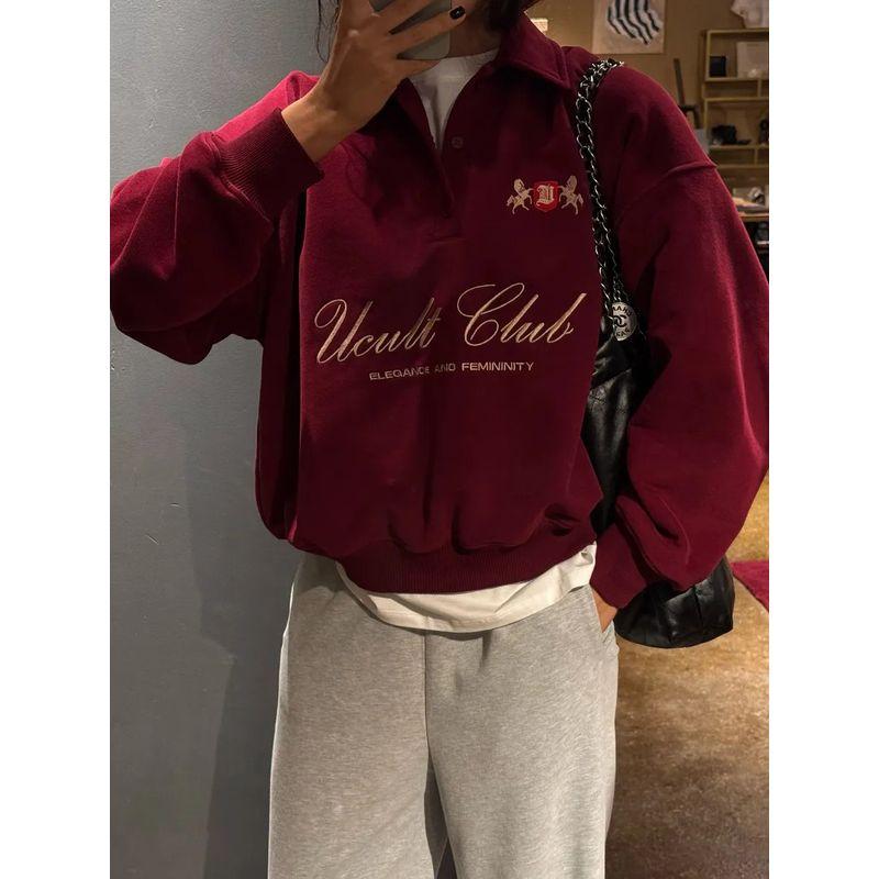 

New Letter Printed Top Western Style New Fashion Casual Loose Print Letters Hoodie Top Wine Red (thin/thin) 2XL