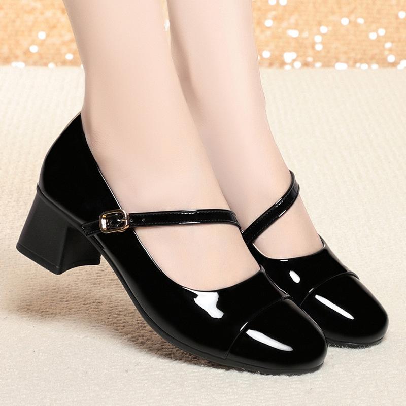 5cm British Style Shalow Mouth Bright Leather Mary Janes Women Pumps 2025 Fall Med Block Heels Shoes for Office Mom Daily Work