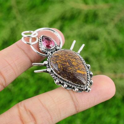 925 Silver Pear Mariam Jasper Stone Pink Tourmaline Bezel New Pendant Jewelry