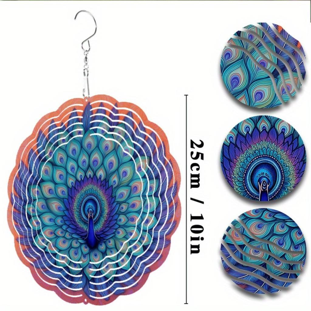 Kovový větrník s pávím peřím 10 palců Živá modrozelená Venkovní dekorace pro zahradu Balkon Dvůr s 360 otočným hákem Ručně vyráběný dárek