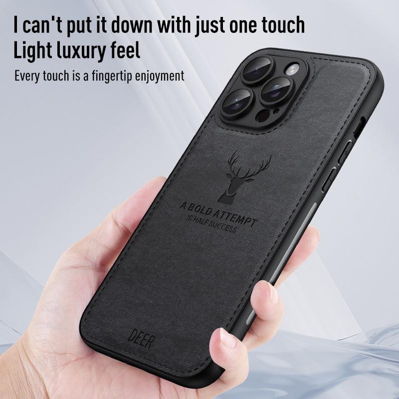 Luxury Cloth Leather Texture Deer Head Pattern Case For iPhone 16 15 14 13 12 11 Pro X XR XS Max 7 8 Plus Shockproof Soft Cover