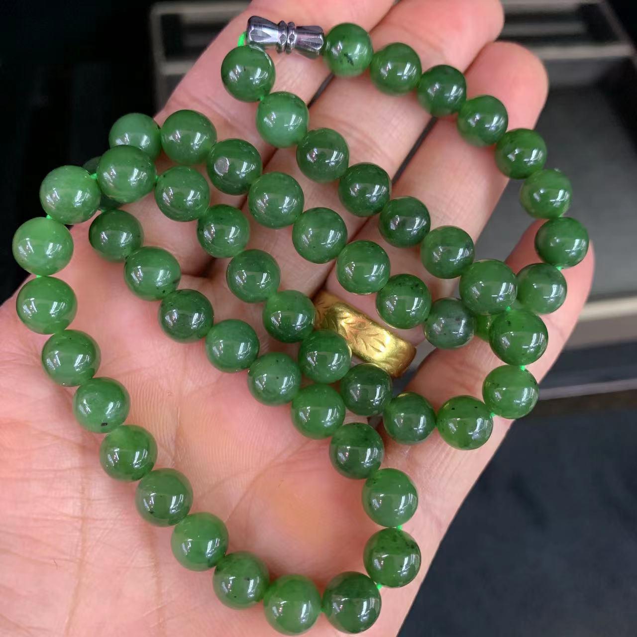 Hetian Jade 8mm Spinach Green Necklace with Black Spots - 56 Round Beads for Mom