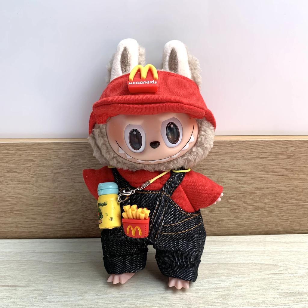 Clothes for Labubu  15-17cm  Plush doll clothing set lbb,  hair band, t-shirt, trousers, 15cm cotton doll bag, dress accessories