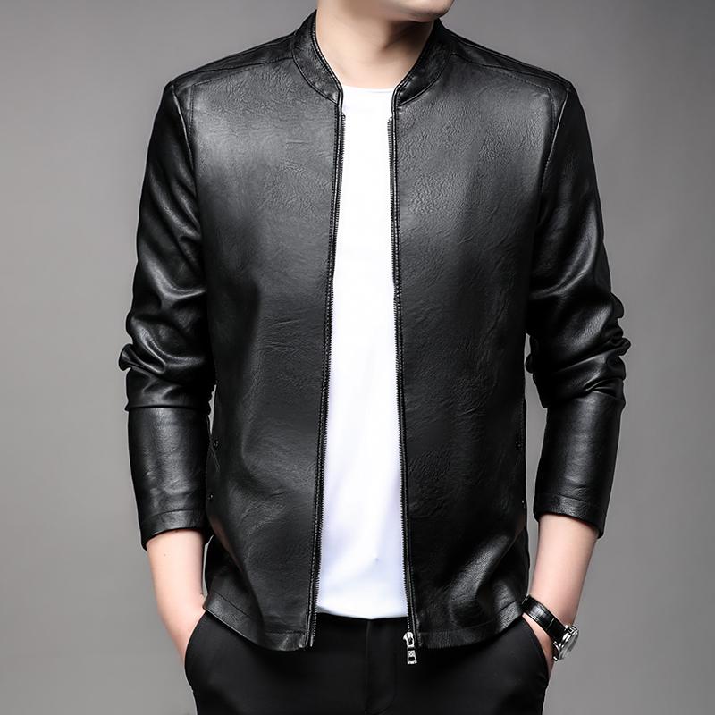 

Men s Faux Leather Zip-Up Jacket - Casual Stand Collar Biker Top M