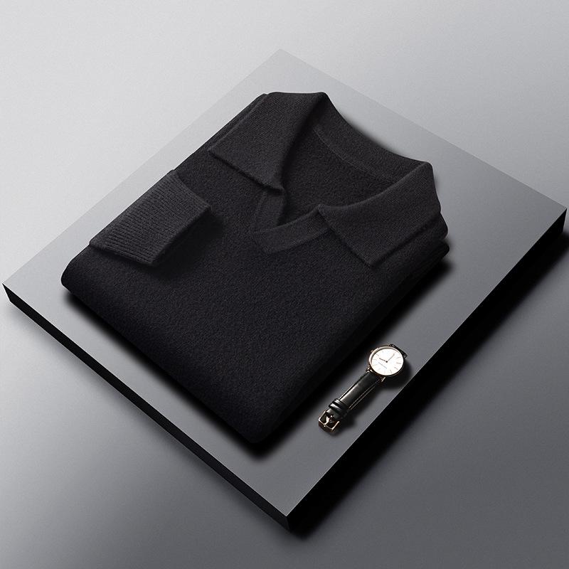 2025 Men s Autumn Casual Loose Fit 100% Wool Lapel Sweater - Solid Color Long Sleeve Knitwear XXXXL