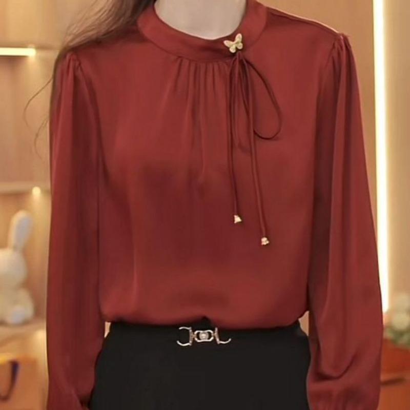 2026 Autumn New Chiffon Satin Long Sleeve Round Neck Shirt Commuting Bow Versatile Elegant Pullover S