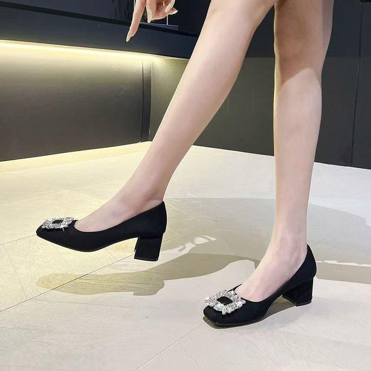 French square head rhinestone spring new square buckle high heels new temperament soft sole single shoes