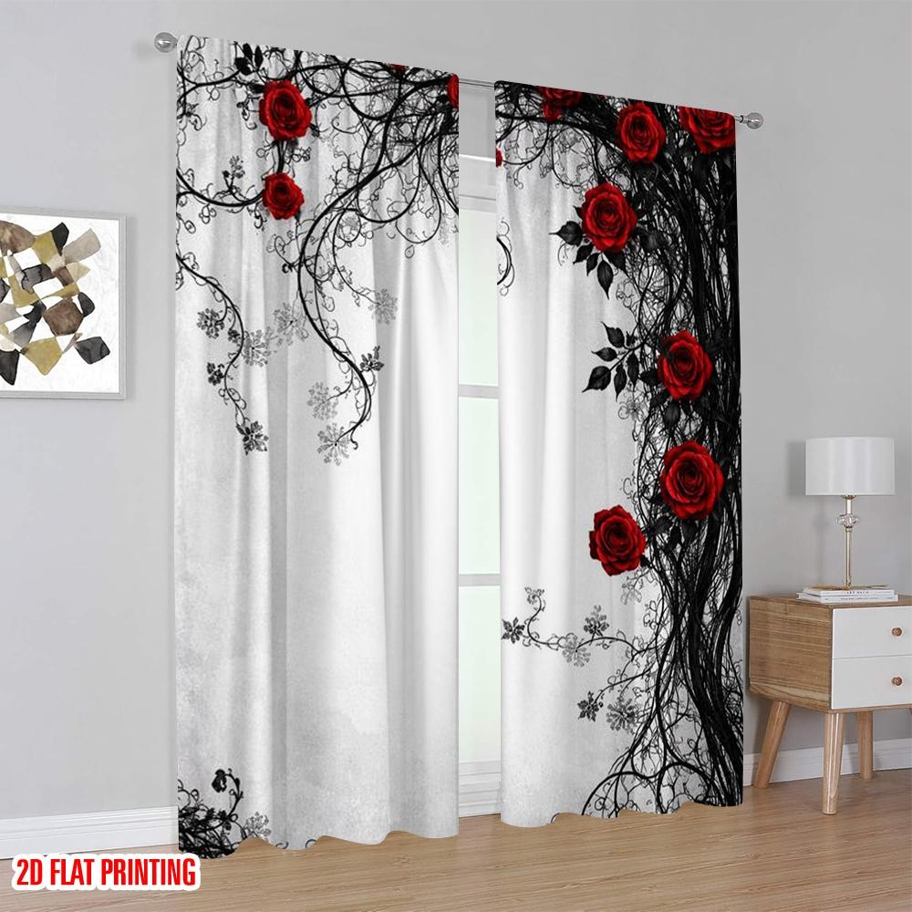 2D Flat Printing 2pcs Curtain Curtains Valentine's Red Roses Design Digital Printed Polyester Drapes Holiday Decorations for