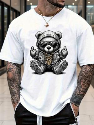 Summer Trend Streetwear Men T-shirt Relaxed Fit Design Cartoon Bear Pattern 100% Pure Cotton Soft Material Fashionable Versatile