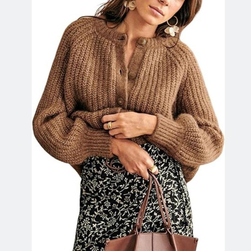 Women's Solid Color Round Neck Loose Simple Knitted Cardigan Top Long-Sleeved Sweater