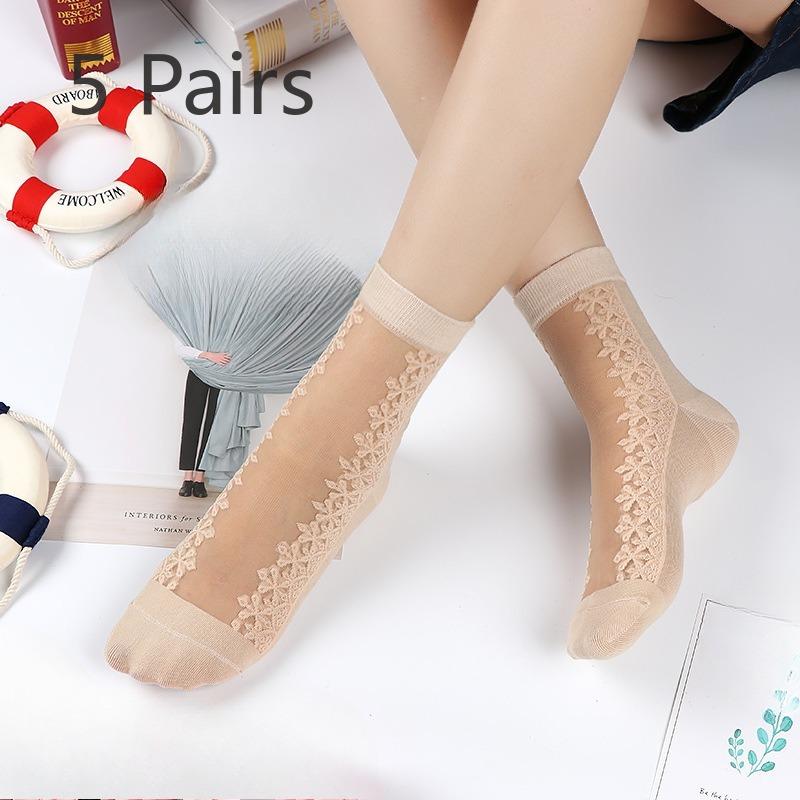5 Pairs of Women's Spring and Summer Thin Ice Silk and Cotton Bottom Crystal Silk Anti Hook Silk Stockings