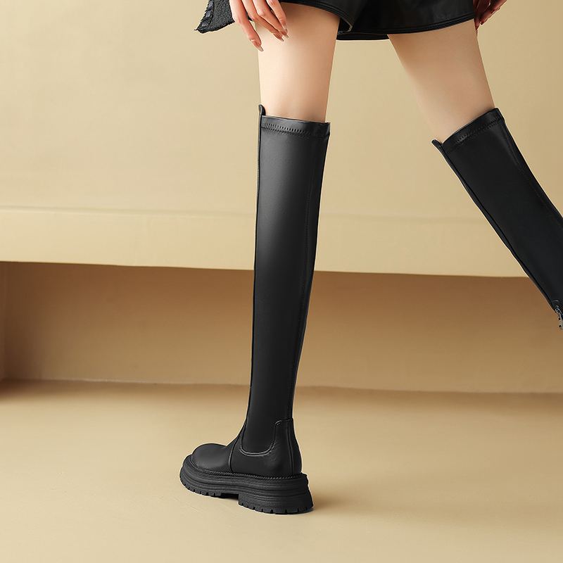 Krazing Pot Microfiber Autumn Winter Shoes Med Heels Flat Platform Size 42 Over-the-knee Boots Slip On Elastic Thigh High Boots