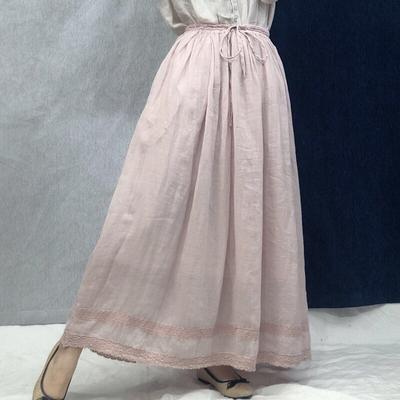 Linen Vintage Solid Color Patchwork Embroidery Skirts Spring Loose Elastic Waist Tie Women Skirts