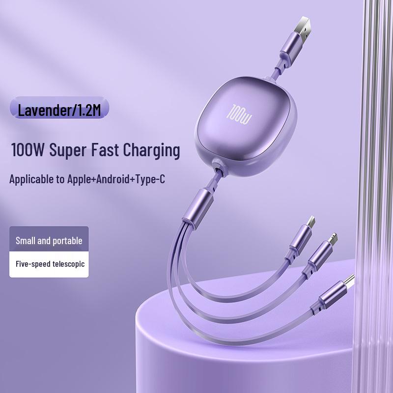100W Retractable 3-in-1 Fast Charge & Data Cable for Apple, Huawei, Android – PD Charging Compatible.