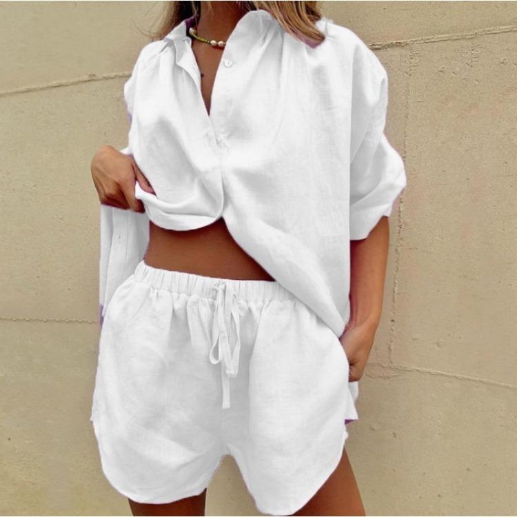 Summer Women Fashion Two Piece Set Casual Loose Button Tops with Drawstring Shorts Solid Color Home Suits Short Sleeve Outfit