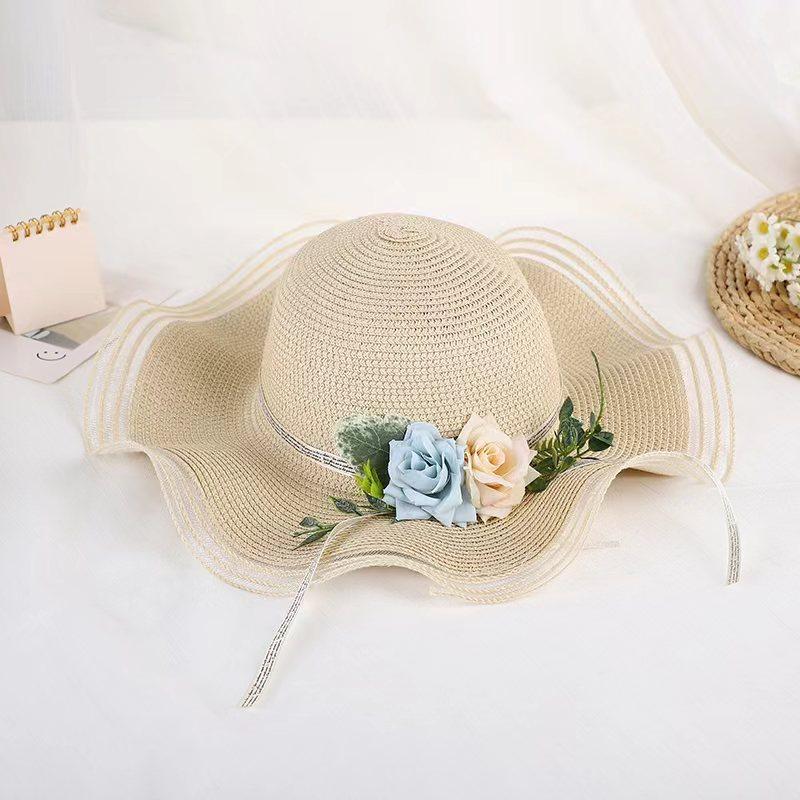 Summer sunshade and sun protection versatile big-brimmed straw hat female imitation flower travel vacation beach sun hat