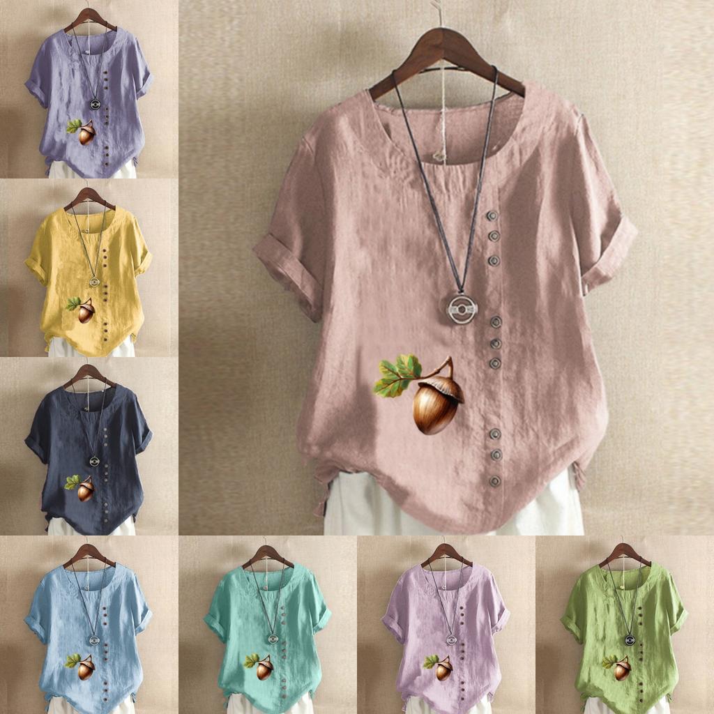 Women's Fashion Stone Hazelnut Prined Round Neck Short Sleeve T-shirt Casual Cotton Linen Graphic Shirt Leisure Loose Summer Blouse Tops