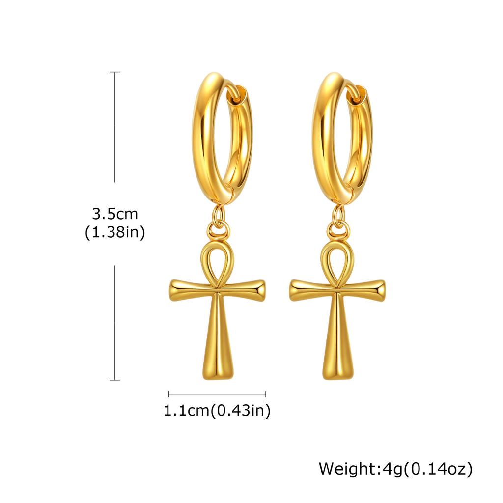 Vnox Ancient Egyptian Ankh Cross Earrings for Men, Stainless Steel Geometric Hoop Huggie Jewelry Gifts, Faith Ankh Stud Earring