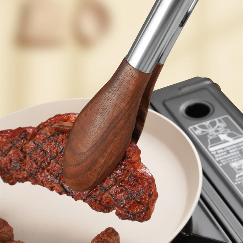Walnut Wood Food Tong with Stainless Steel Handle Non-Stick BBQ Grilling Tong Durable Bread Dessert Clip 9/12inch Cooking Tong