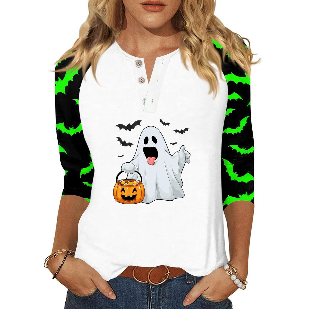 Dames T-shirt Halloween Print Knopen 3/4 Mouw Dagelijks Weekend Mode Basic V-Hals Normaal Topje