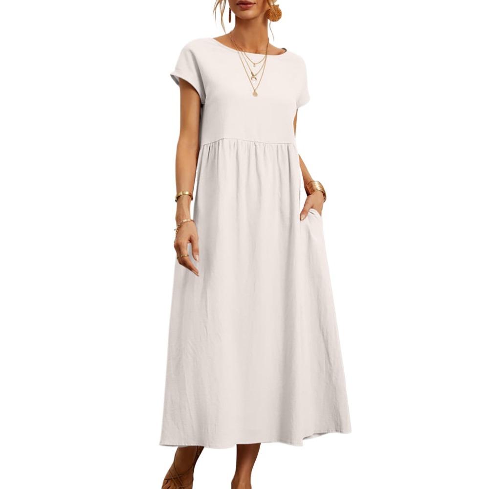 

GMXIA Женская мода лето весна однотонный принт с коротким рукавом и круглым вырезом повседневные платья XXL белый