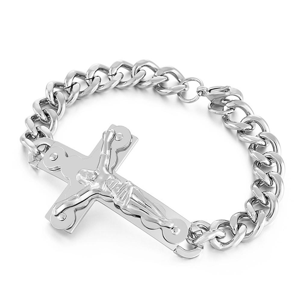 Religious Christ Crucifix Jesus Cross Bracelet Gold Silver Color Stainless Steel Cuban Link Chain Bracelets For Men Jewelry Gift